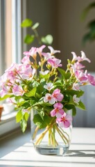 Delicate pink and white Bacopa monnieri blossoms in a glass vase, aromatic blooms, image, vibrant, bloom