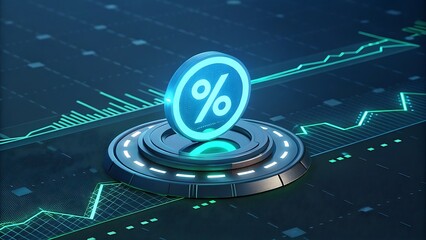 Futuristic percentage sign on platform with glowing data visualizations indicating progress and growth.