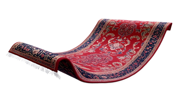 Red flying magic carpet with oriental ornament on transparent background. Woven silk rug hovers mid-air. Ornate arabian textile from fairy tale, fantasy, luxury lifestyle with history.
