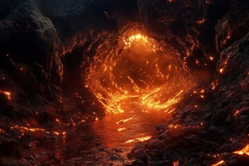 Depicts mesmerizing dance of fiery embers and solid rock, illuminating underground realm with a flickering warmth and enchanting interplay