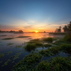 Fototapeta premium Misty spring swamp at sunset, tranquil water reflects the sky, light, photography, background