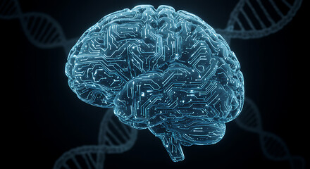 Digital Brain with Circuitry and DNA Against a Dark Background  