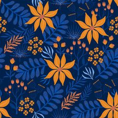 rich floral pattern with different plants. blue print with yellow flowers. seamless background for fabric and paper