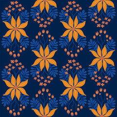 geometric floral arrangements. Exquisite blue background with flowers and buds.