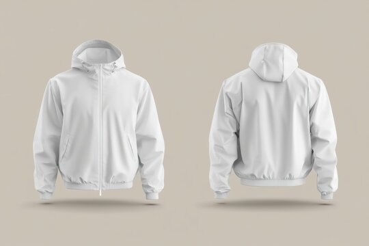 Design mockup of white windbreaker jacket from front and back perspectives. Concept Sure, I can help you create a design mockup of a white windbreaker jacket from both front and back perspectives