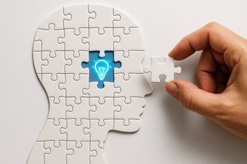 A hand places a final puzzle piece into a head-shaped jigsaw with a glowing blue lightbulb at its center, symbolizing creativity, intelligence, learning, and finding solutions through innovation.  
