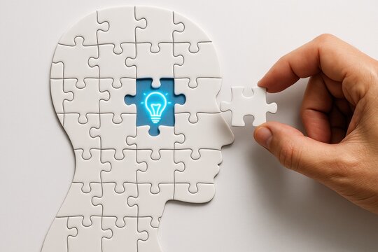 A hand places a final puzzle piece into a head-shaped jigsaw with a glowing blue lightbulb at its center, symbolizing creativity, intelligence, learning, and finding solutions through innovation.  
