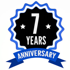 Celebrating 7 years anniversary label with blue ribbon. 3d render.