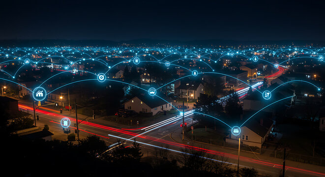 Smart city connectivity network glowing at night  