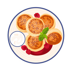 Cottage cheese pancakes served on plate with sour cream, fresh raspberries and jam. Cheese fritters healthy food for breakfast. Concept of tasty sweet food. Flat vector illustration isolated on white