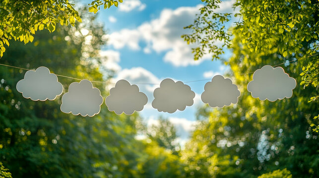 String of cloud-shaped cutouts hangs among green trees backlit by sun and blue sky dotted with white clouds