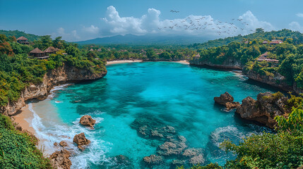 Fototapeta premium Stunning aerial view of a tropical cove with crystal turquoise waters lush greenery and a flock of birds soaring in th