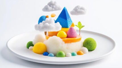 A whimsical dessert featuring colorful geometric shapes, clouds, and vibrant edible decorations on a white plate.