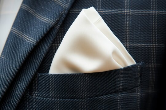 Elegant of a white folded pocket square in a classic suit mockup display