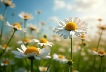 A field of daisies with a blue sky in the background