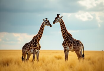 Obraz premium Two giraffes standing in a field of tall grass