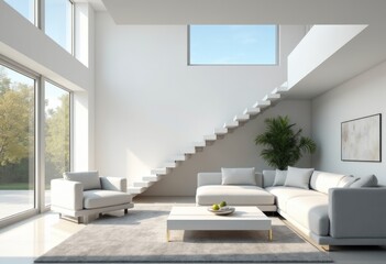 A living room with a white couch and two chairs