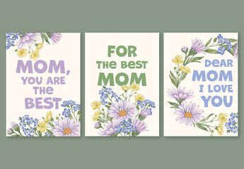 Set of Mother’s Day Cards with Watercolor Floral Designs and Typography. Hand Drawn Illustration for Printing, Home Décor, and Gift Cards.