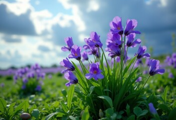 Obraz premium A field of purple flowers under a cloudy sky