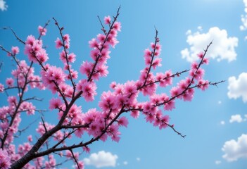 A branch of a tree with pink flowers against a blue sky