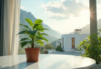 A potted plant sitting on a table in front of a window