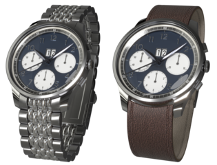 Chronograph watches with bracelet and leather strap. Wristwatch with dark dial. Four counters indicate the date, hours, minutes and seconds. 3d illustration transparent background