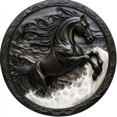 A black horse is running through the water