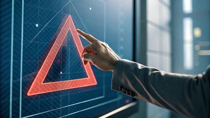 Man pointing at digital screen displaying triangular red warning symbol and grid pattern for analysis.