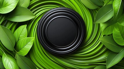 A black speaker surrounded by green leaves