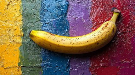 A banana sitting on top of a colorful wall