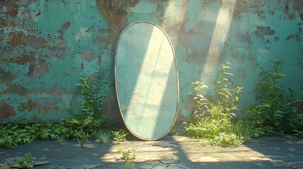 A large oval mirror sitting in the middle of a garden