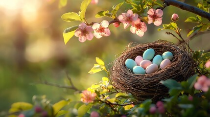  A bird's nest filled with blue and pink eggs on a tree branch