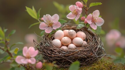  A bird's nest with six eggs in it surrounded by pink flowers