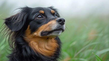 A black and brown dog sitting in the grass