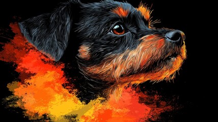  A black and brown dog with orange and yellow paint splatters on it's face