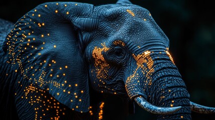  A close up of an elephant's face with glowing eyes