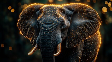 an elephant with glowing eyes and tusks in the dark