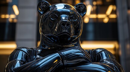 A black bear statue sitting in front of a building
