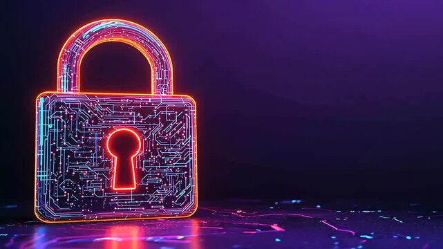 Futuristic digital lock illuminated in neon colors, set against a dark background with abstract circuitry patterns
