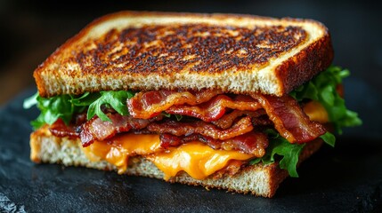 A bacon and cheese sandwich on a black plate