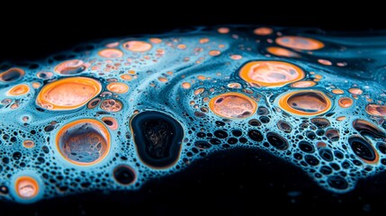 A close up of a blue and orange liquid with bubbles