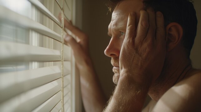 Pensive man looking through window blinds in introspective mood