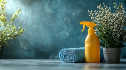 A yellow spray bottle next to a blue towel and a potted plant