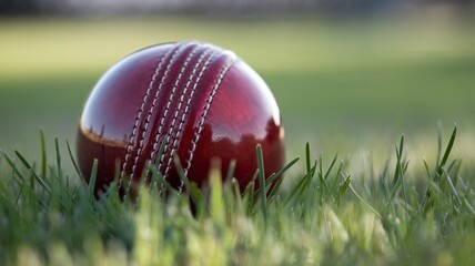 Close-up of cricket ball on grass, symbolizing IPL and World Cup