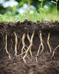 Fototapeta premium Roots of plants growing in rich soil with seedlings 