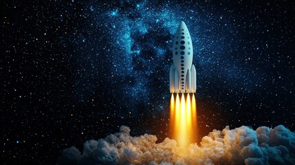 Naklejka premium Rocket launching into space cosmic environment digital artwork night sky futuristic concept