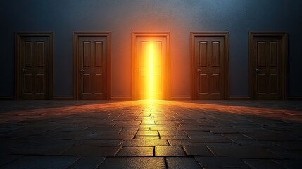 Multiple doors representing choices, with light shining from one door to signify the right path.