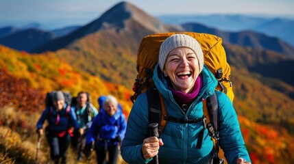 Joyful hikers on colorful autumn trail mountains photography nature close-up adventure and community