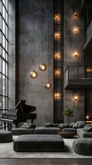 Opulent Contemporary Living Room with Grand Piano in Loft Apartment Featuring Grey Concrete Walls and Decorative Chandelier Accent Lighting