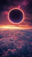 Lunar eclipse orbit cosmic concept. A stunning celestial scene featuring a glowing eclipse over a vibrant, colorful sky filled with clouds and twinkling stars.